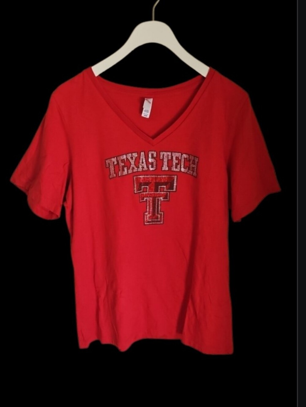 Texas Tech‎ Red V-Neck Short Sleeve Tee with Rhinestone Bling Logo 100% Cotton